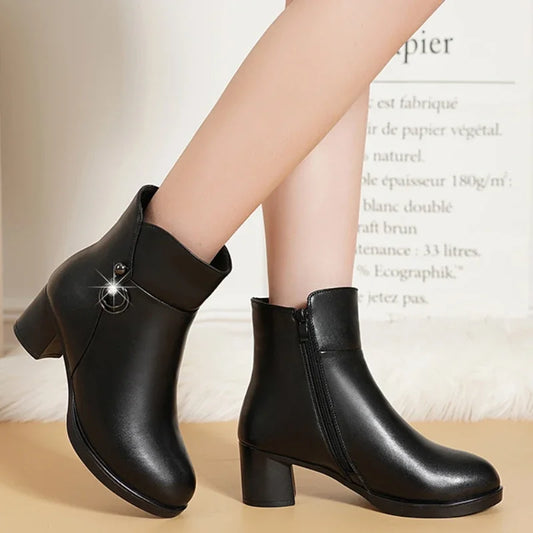 High-Quality Winter Warm Mid-Calf Women's Boots Solid Color Round Toe Zipper Chunky Heel Zapatillas De Mujer Women Shoes