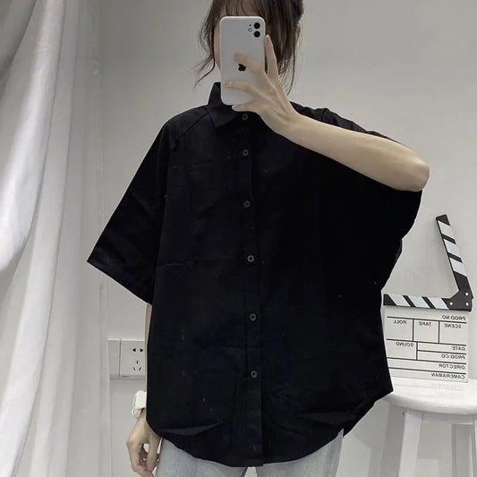 Shirts Women Short Sleeve Solid Harajuku Loose Vintage Ladies Tops All-match BF Summer Chic Stylish Basic Black Women Casual Clothing