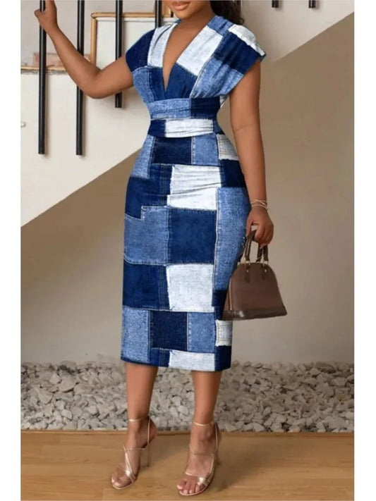 Sexy Deep V-Neck Slim Office Lady New Summer Sleeveless Bodycon Midi Dresses For Women Casual - Woman Work Dress - Women Plus Size Clothing