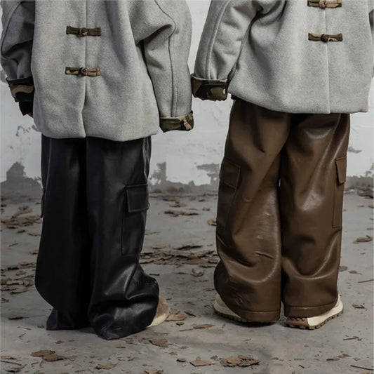 Fashion Baby Boy Girl PU Leather Loose Cargo Pant Fleece Inside Child Faux Leather Trousers Warm Winter Spring Kid Clothes 1-14Y - Boys Clothing - Boys Short - Boys Shirt