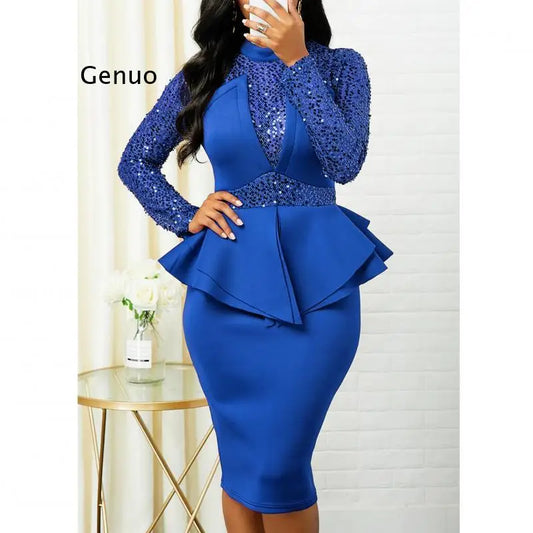 Autumn Customization Heavy Industry Diamonds Sexy Club High-End Fashion Solid Full Sleeve Pencil Midi Dress Women Dress For Work