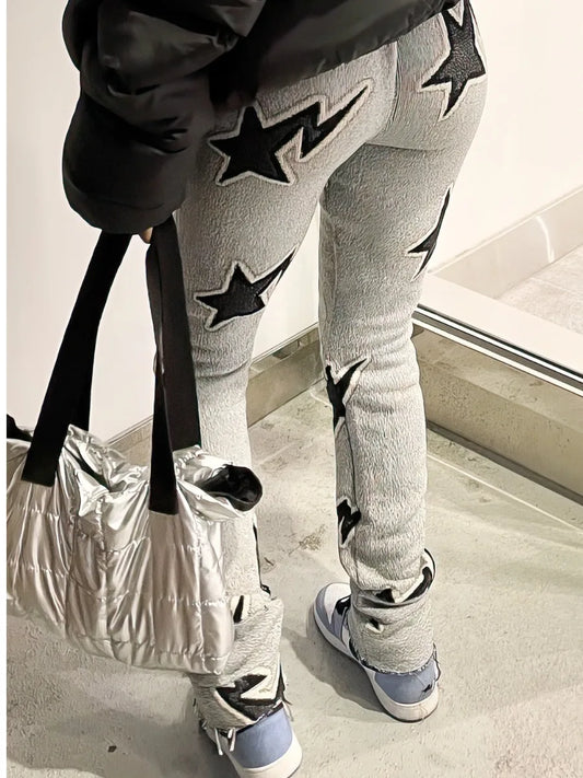 LW Street Star Stacked Multicolor Pants Fall Mid Waist Star Decor Pants Elastic Waist Trousers Women's Streetwear Women Lounge