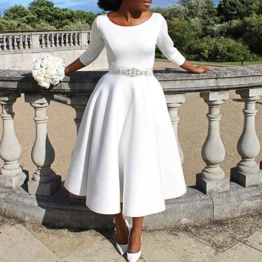 Summer Business Dress Women Casual Solid O Neck 3/4 Sleeve Tight High Waist Ruffle Hem Long Maxi Women Dress For Work