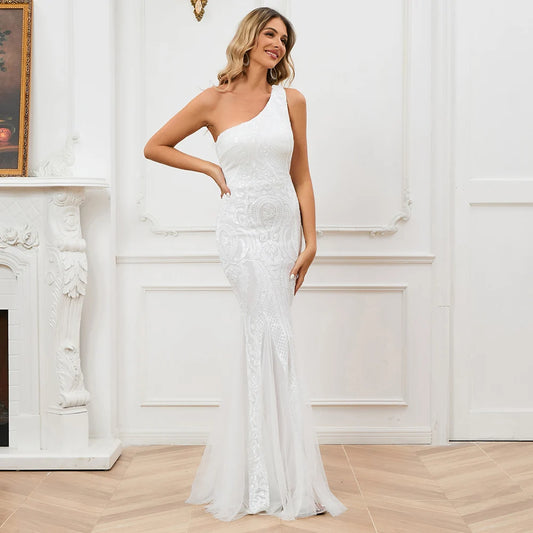 YIDINGZS Elegant One Shoulder White Long Sequin Evening Dress 2021 New Women Party Dress Wedding Wear
