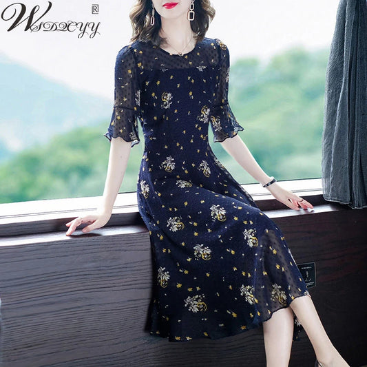 Summer Print Flare Sleeve Dress Woman Vintage Round Neck Chiffon A-Line Dresses Ladies Office Work Elegant Vestidos Plus Size Women Prom - Women Work Dress