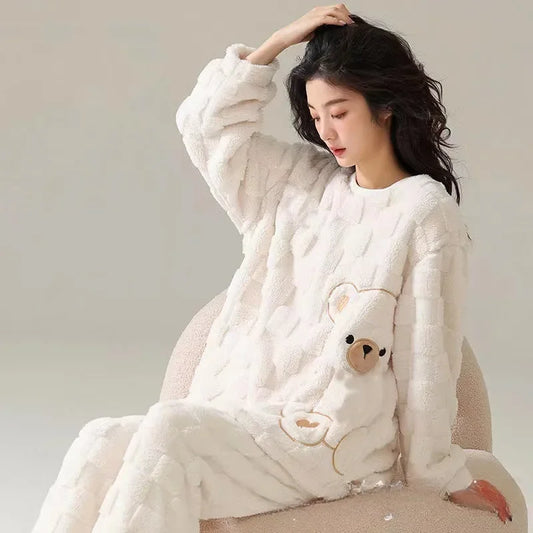 INS Japan Bear Autumn Winter Warm Flannel Women Pyjamas Sets Thick Coral Velvet Soild Fleece Sleepwear Casual Flannel Homewear women sleep