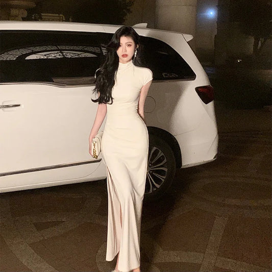 Women's Elegant Summer Pleated Fashion Sexy Slim Long Dress Short Sleeve Party Elegant Black Dresses Female Clothes Women Prom - Women Tees