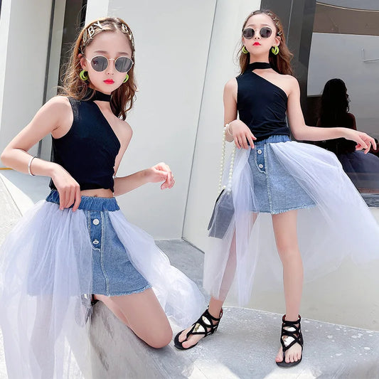 summer A-line tutu big kids clothes mesh wrapped hip baby cowboy
streetwear walk show 6 to 16 years Girl Skort