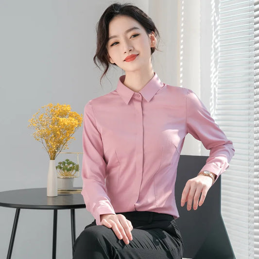 Korean Pink Bamboo Fiber Shirt Women's Long Sleeve Breathable Plus Size Work Clothes Business Wear Business Workwear Shirt Women Work Dress - Women Tops