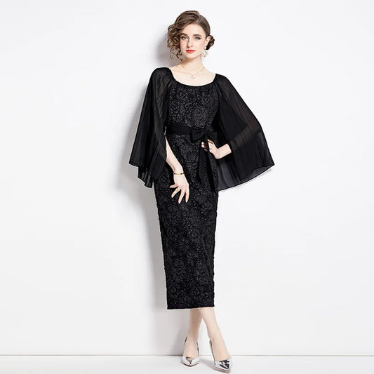 SuperAen Spring Wear New Heavy Industry Jacquard Retro Waist Tie Up Spliced Folded Sleeve Women Dress For Work - Women Tops