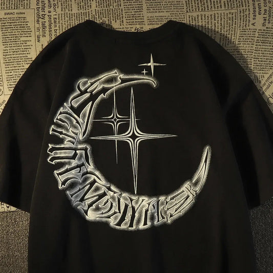 American Vintage Creative Font Star Short Sleeve T-shirt Oversize Summer Loose Couple Wear Cotton Clothing women tops