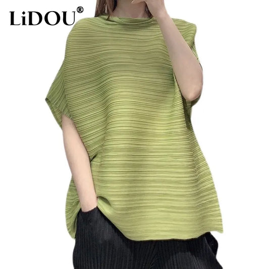 Summer New Women's Clothing Stand Collar Solid Color Pleated Batwing Sleeve Pullovers Comfortable Loose T-shirt women tops