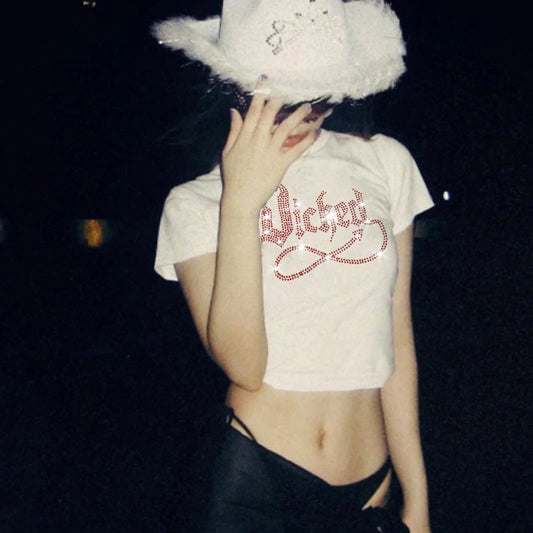 Y2k Fashion Rhinestone Crop Top Oversized T-Shirt E-girl Vintage Solid Letter Short Sleeve Graphic Summer Woman Tops - Women Casual
