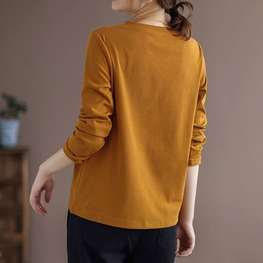 Autumn New Solid Loose Casual Long Sleeve T-shirts Vintage Tops Women V Neck Aesthetic Chic Pullovers All Match Female Clothes