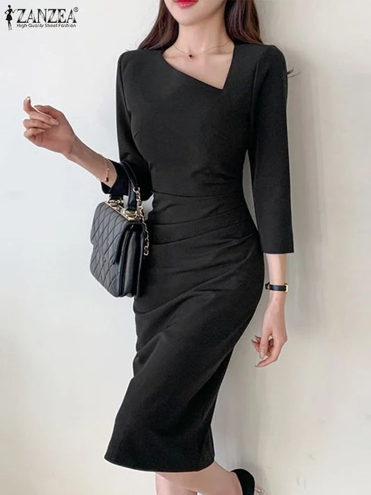 ZANZEA Fashion Autumn Elegant 3/4 Sleeve Solid Bodycon Dress Robe Femme Party Midi Vestido Women Work Dress - Women Short