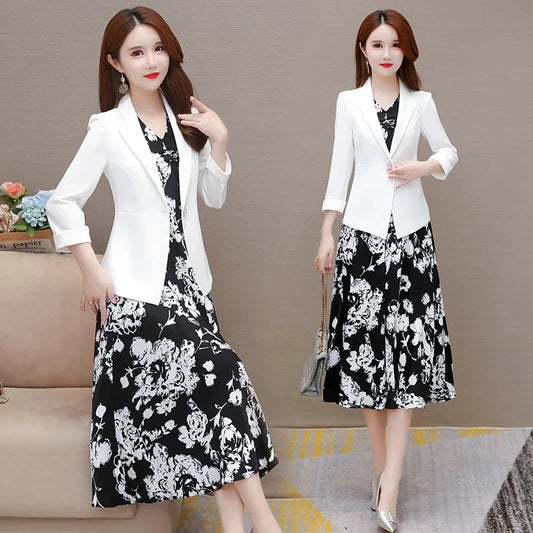 Woman Chiffon Suit Coat+Sleeveless Floral A-Line Two Piece Sets Ladies Office Elegant Outfits Plus Size Vintage Suits Women Dress For Work - Women Prom
