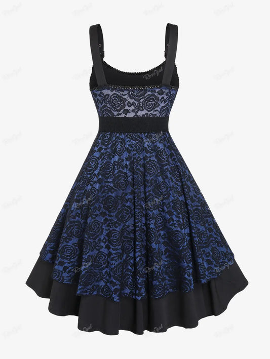 ROSEGAL Plus Size Vintage Floral Lace Jacquard Buckled Straps Dress With Belt Deep Blue Fashion Party Holiday Dresses Vestidos Women Plus Size Clothing