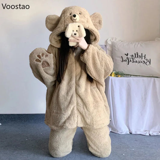 Autumn Winter Cute Bear Ears Coral Fleece Hooded Pajama Sets Woman Sweet Kawaii Warm Homewear Girls Lounge Sleepwear 2PC Set Women Lounge
