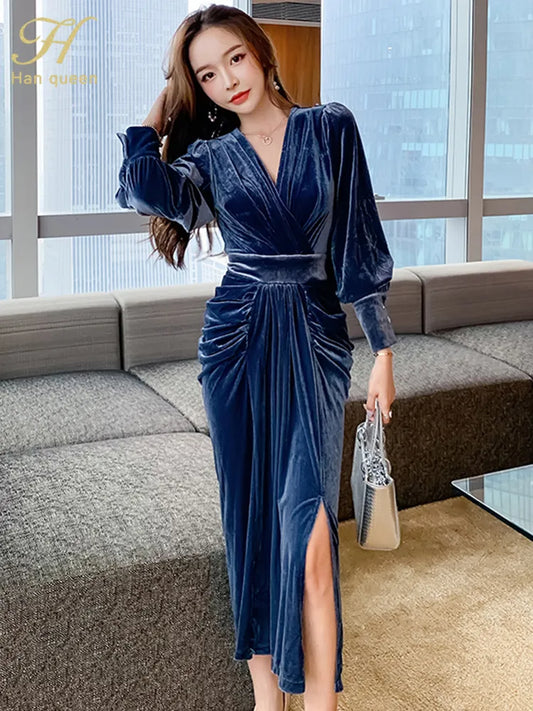 H Han Queen Elegant V-Neck Split Office Pencil Dress Woman Winter Sheath Dresses Simple Slim Mid-Claf Work Party Bodycon Vestido Women Dress For Work - Women Tees