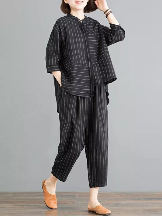 2 Piece Sets Women Casual Pants Suits New Arrival Summer Vintage Style Loose Striped Female Shirts And Harem Pants Women Suiting & Blazers