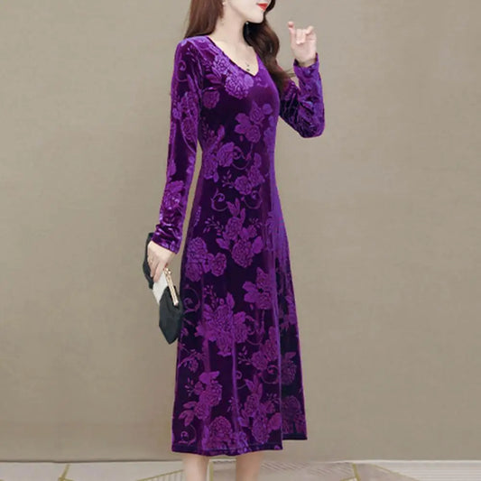 Office Work Dress Elegant Plus Size Floral Print Midi Dress for Mid-aged A-line V Neck Long Sleeve Mid-calf Length Premium Party Women Dress For Work - Women Prom