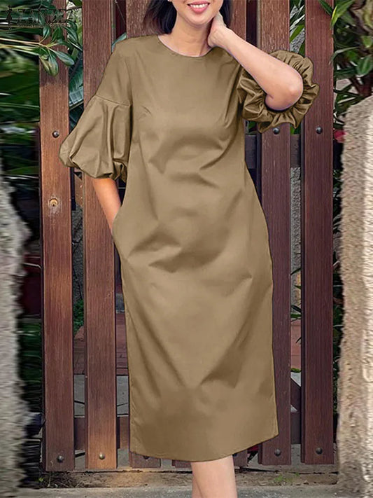Fashion Puff Sleeve O Neck Solid Party Sundress Summer Elegant Mid-calf Dress Robe Femme Casual OL Women Dress For Work