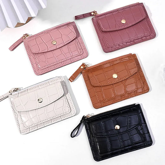 Short Simple PU Leather Multi-Slot Zipper Keychain Small Holder Crocodile Pattern Coin women purse