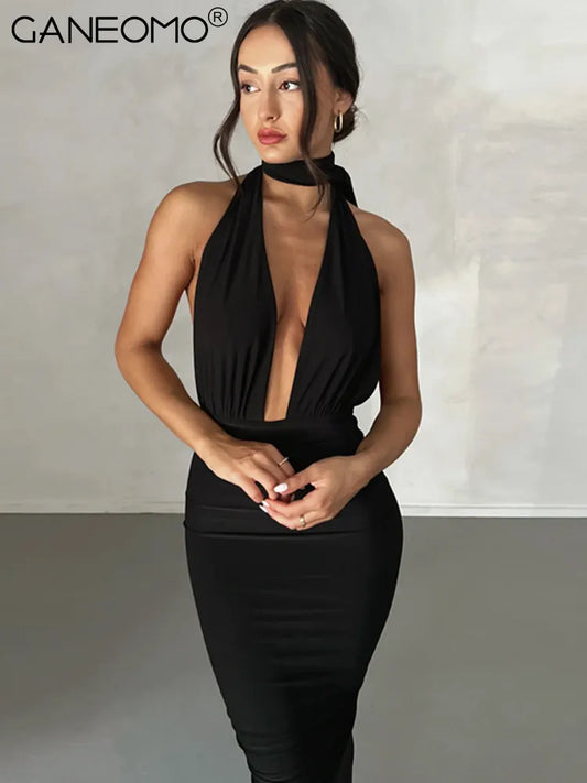 Elegant Halter Backless Bodycon Maxi Dress Woman Sexy Evening Party Beach Hollow Out Long Dresses Summer Black White women prom - women contemporary