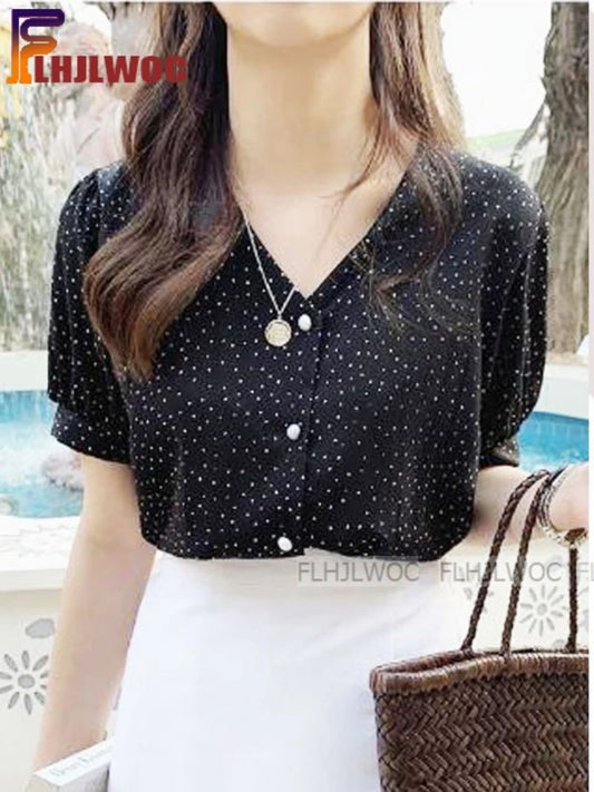 South Korea Chic Top Woman Summer Preppy Style Girls V Neck Dot Button Shirts Blouse Black Flhjlwoc Fashion Japan Clothes Women Casual - Women Tops - Women Dress For Work