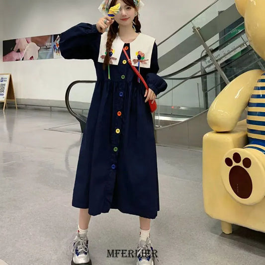 Plus Size 5XL 150kg Spring Sweet Dress Woman Big Collar Long Sleeve Long Dress Big Size Women Clothing Women Casual - Women Plus Size Clothing