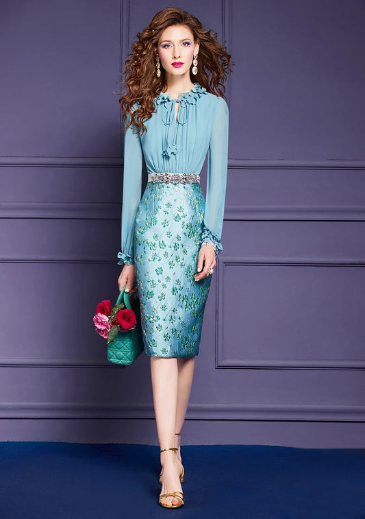 Spring Ruffles Collar Jacquard Pencil Dresses for Women Office Work Plus Size Blue Long Sleeve Dress Elegant Party Women Prom - Women Work Dress