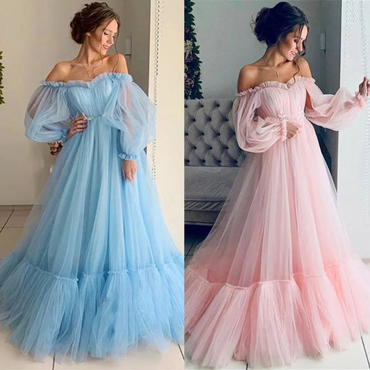 Retro Princess Dress Woman Solid Color Long Sleeve Slash-Neck Fashion Tulle Long Full Dress Female Gauze Lantern Dress Robe Women Prom - Women Contemporary