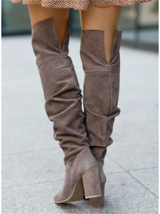 Winter Designer Luxury High Heels Plus Size Faux Suede Elegant Pointed Kover The Knee Boots Girls Shoes