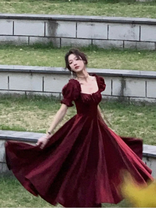 French Vintage Burgundy Evening Party Dress Woman Summer Elegant Romantic Vestidos Korean A-line Graduation Dresses Women Prom - Women Casual