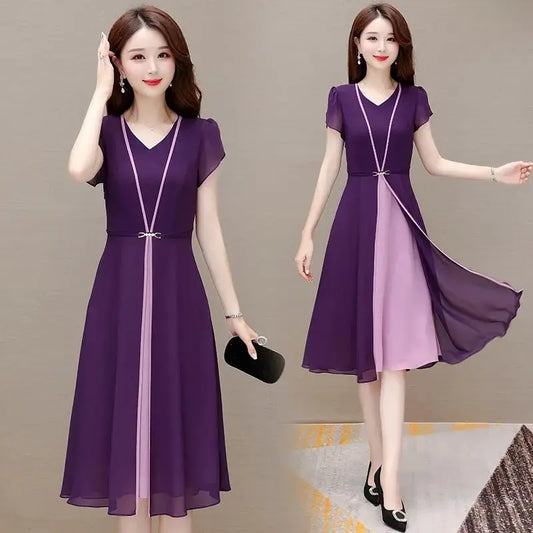 Chiffon V-neck Dress Female New Summer Fashion Atmosphere is Slim Contrast Stitching Temperament Short Sleeve Split Women Dress For Work - Women Tops