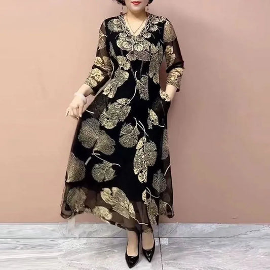 Female Clothing Vintage Leaf Printed Long Dress Elegant V-Neck Spring Summer New Casual 3/4 Sleeve Chic Diamonds A-Line Dresses women casual
