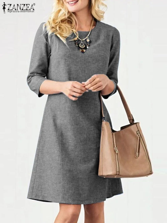 Summer Short Sleeve Fashion Elegant Robe O-Neck Solid Knee Length Sundress Buttons Vestidos Women Dress For Work