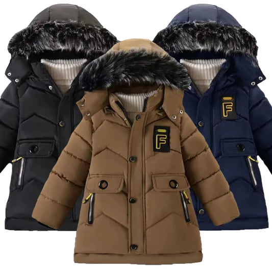 New Style Winter Keep Warm Boys Jacket Letter F Fashion Lining With Plush Fur Collar Hooded Heavy Boy Jacket - Girl Jacket