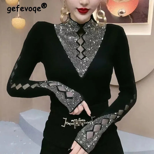 Women's Sexy Hollow Diamond Glitter Half High Collar Slim Club Fashion T-shirts Black Elegant Office Ladies Basic Tops Clothing Women Tees - Women Dress For Work - Women Prom