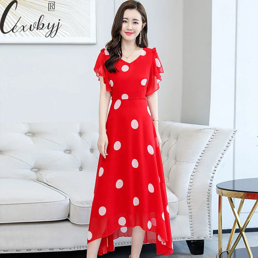 Summer Fashion Chiffon Women's Dot Print V-Neck Maxi Ladies Office Work Wear Elegant Plus Size Beach Vestidos Women Dress For Work - Women Prom