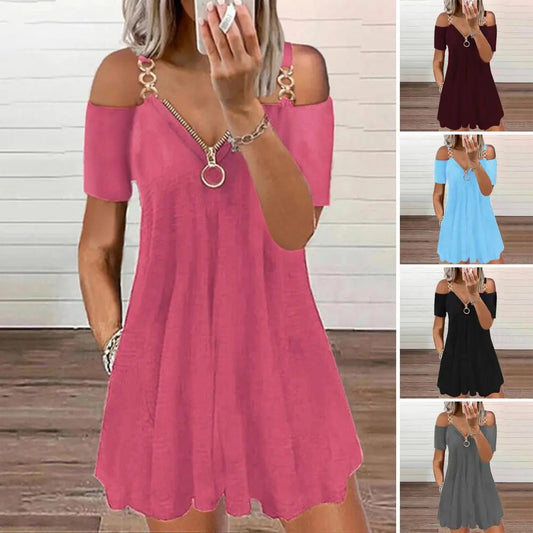 Plus Size Zipper V-Neck Short Sleeve Metal Shoulder Strap Pleated Hem A-Line Mini Dress Cold Shoulder Swing Dress Women Casual - Women Prom - Women Short
