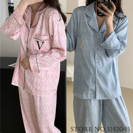 Loose Satin Home Clothes Spring Autumn Pajamas Nightwear Print V Wear Two Piece Set Print Long Sleeve Trouser Nightwear women sleep