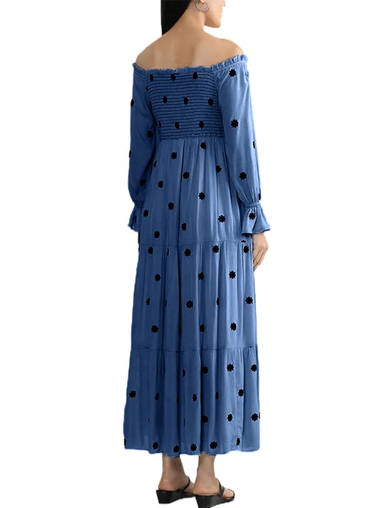 Long Sleeve Dress For Women Off-Shoulder Flower Print Long Sleeve Dress Midi Dress For Wedding Guest Women Homecoming