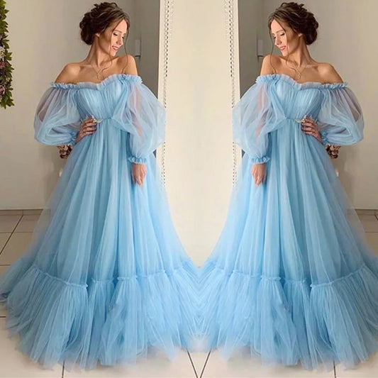Retro Princess Dress Woman Solid Color Long Sleeve Slash-Neck Fashion Tulle Long Full Dress Female Gauze Lantern Dress Robe Women Prom - Women Contemporary
