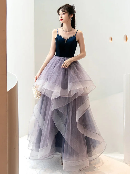 Sexy Long Spaghetti Strap Evening Dress Fashion French Host Dress Bling Shining Banquet Evening Gown Vestido Women prom - women contemporary