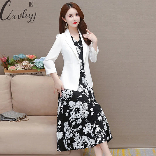 Woman Chiffon Suit Coat+Sleeveless Floral A-Line Two Piece Sets Ladies Office Elegant Outfits Plus Size Vintage Suits Women Dress For Work - Women Prom