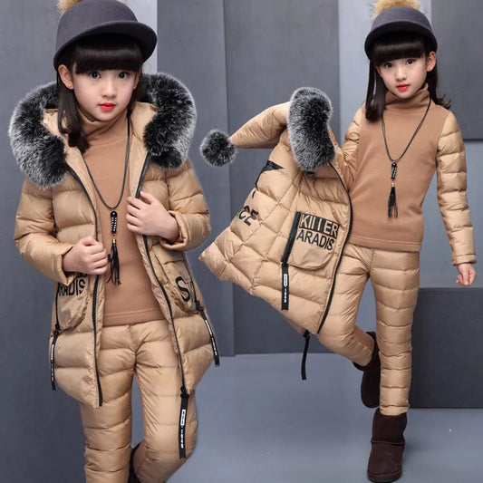 Clothing Sets For Russia Winter Hooded Vest Jacket + Warm Top Cotton Pants 3 Pieces Clothes Coat With Fur Hood girl jacket