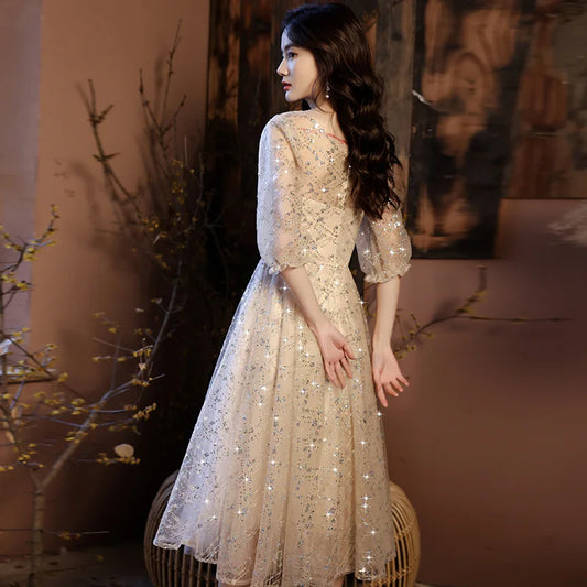 New Short Sequin Tulle Champagne Color Dress DongCMY Elegant Robes Soirees A-Line Evening Party For Women Plus Size Clothing - Women Prom