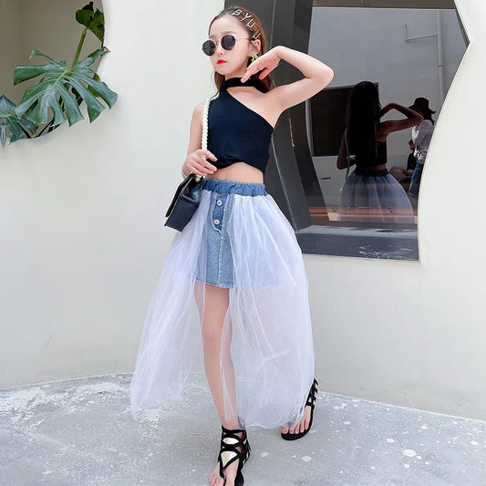 summer A-line tutu big kids clothes mesh wrapped hip baby cowboy
streetwear walk show 6 to 16 years Girl Skort