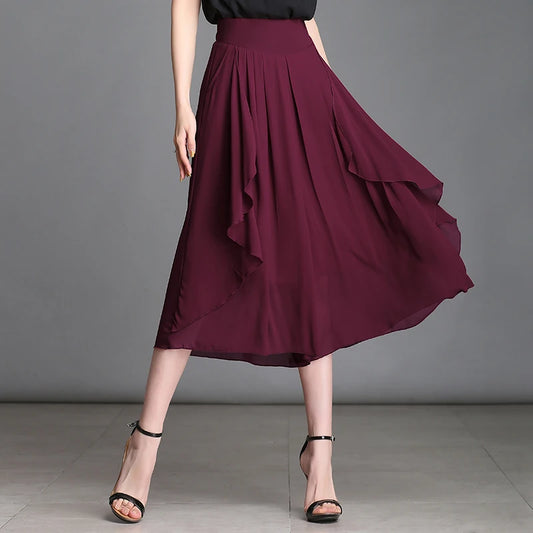 Calf Length Spring Summer Women Shorts Skirts Chiffon High waist Pleated Skirt Casual Streetwear Long Skirts Loose Female Women Shorts & Leggings